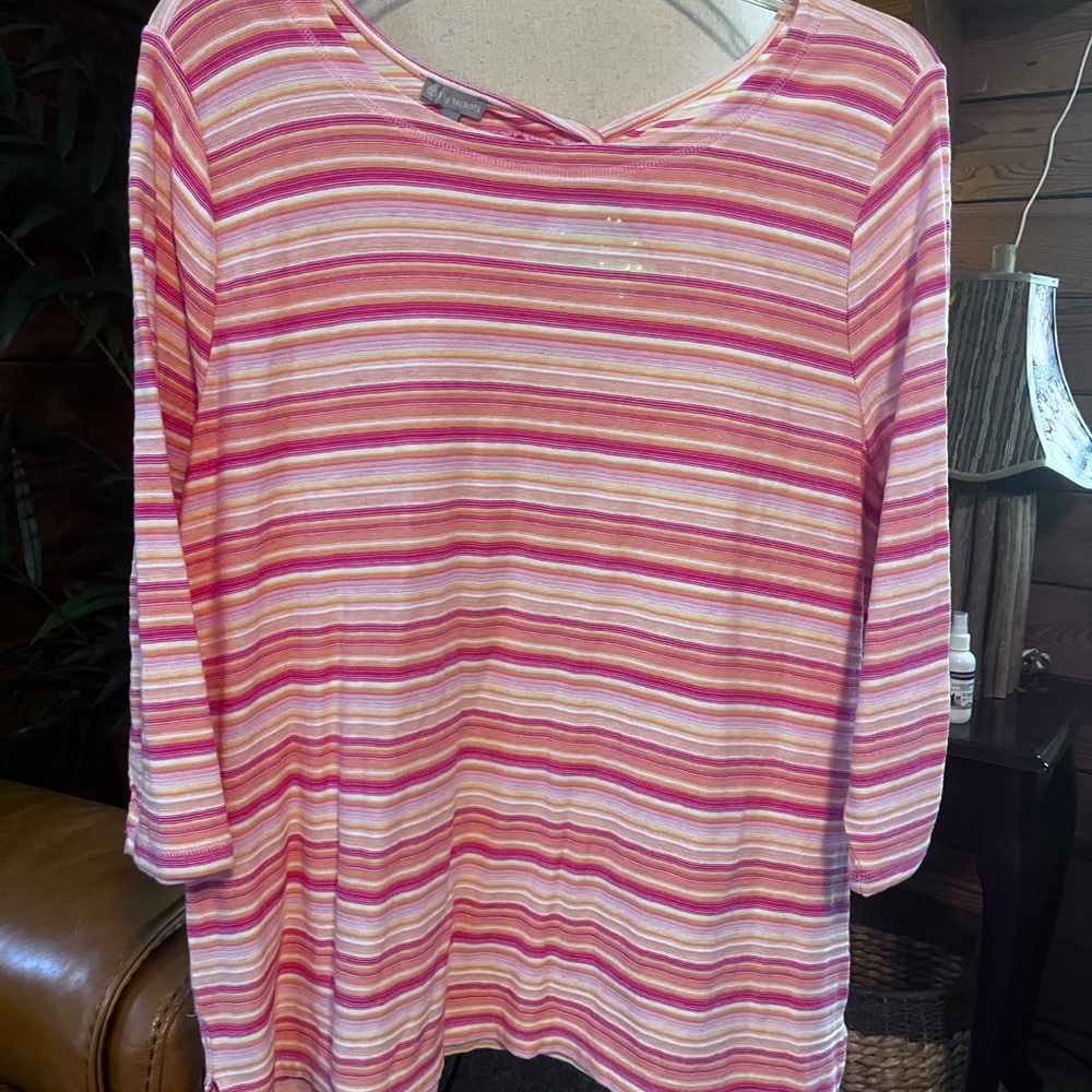 Talbots 2x(50”B x 29”L) Knotted Back Pink & Cream Striped Long Sleeve Tee